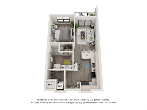 Floor plan for 1 bed, 1 bath, 590 sqft
